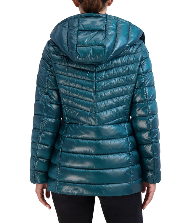 Cole Haan Pearlized Faux Down Jacket with Removable Hood Emerald MD (8-10), Emerald, M