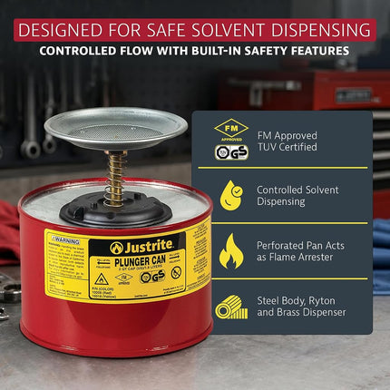 Justrite 10208 Steel Plunger Safety Can with Brass and Ryton Pump Assembly, 2 L Capacity, 7-1/4" OD x 7-3/8" H, Red