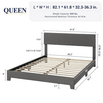 Allewie Queen Bed Frame with Adjustable Headboard, Upholstered Platform Bed with Wood Slats, Heavy Duty Mattress Foundation, No Box Spring Needed, Noise-Free, Easy Assembly, Dark Grey