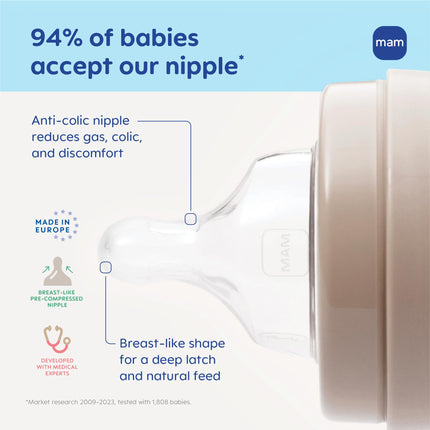 MAM 9oz Easy Start Anti-Colic Baby Bottles, Medium Flow with 2X Bonus Nipples (Fast and Extra Fast Flow), Reduces Colic, Gas, & Reflux, Easy-to-Clean, BPA-Free, 2 Plus Months