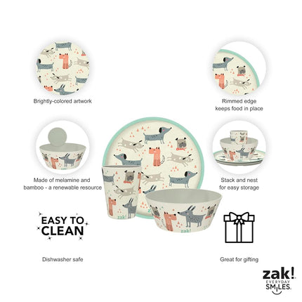Zak Designs Kids Dinnerware Set 3 Pieces, Durable and Sustainable Melamine Bamboo Plate, Bowl, and Tumbler are Perfect for Dinner Time with Family (Dog)