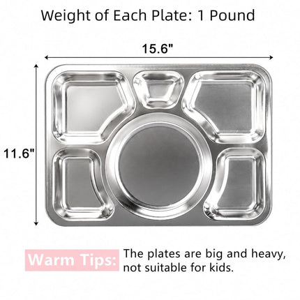Hacaroa 4 Pack Stainless Steel Divided Dinner Plates, 15x10.6 Inches Snack Serving Plate with 6 Compartment, Metal Food Trays for Adults, Diet Food Portion Control, Picky Eaters