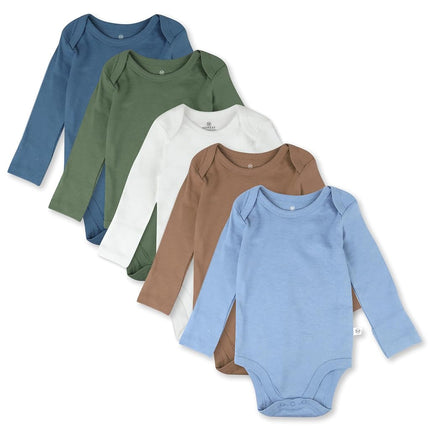 HonestBaby Paquete de 5 bodys de manga larga para bebés, de una pieza, 100 % algodón orgánico para bebés, unisex, azules tierra, 24 meses