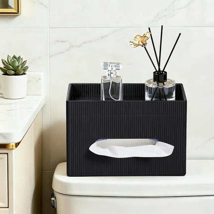 Cretkhp Rectangular Tissue Box Cover with Storage Tray, PU Leather Tissue Box Holder for Bathroom Vanity Countertop Night Stands Bedroom Office Desk, Stylish Tissue Holder Decorative Organizer (Black)