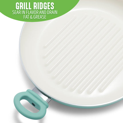 GreenLife Soft Grip Healthy Ceramic Nonstick, Sartén Grill de 28 cm con 2 Asas y Tapa, Sin PFAS, Apto para Lavavajillas, Turquesa