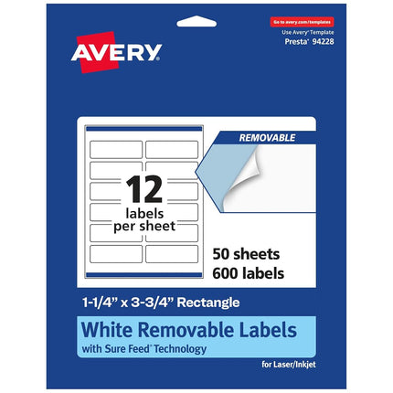Avery Matte White Removable Rectangle Labels with Sure Feed Technology, Print-to-The-Edge, 1.25" x 3.75", 600 Removable Labels, Laser/Inkjet Printable Labels