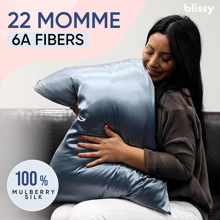 Taie d'oreiller Blissy en soie - 100 % pure soie de mûrier - Fibres de qualité supérieure 22 Momme 6A - Taie d'oreiller en soie pour les cheveux et la peau - Taille standard, Queen & King (Bleu cendré, Queen)