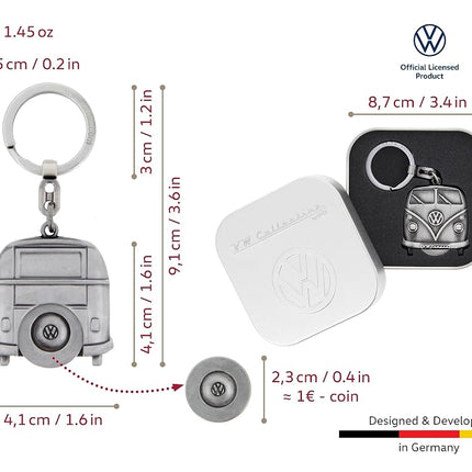BRISA VW Collection - Volkswagen Bus T1 Camper Van Kombi Key Ring Chain with Removable Coin in Embossed Gift Tin, Gift Idea/Fan Souvenir/Retro Vintage Product (Vintage Silver)