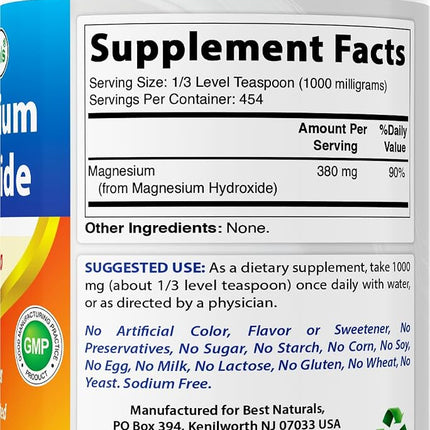 Best Naturals Magnesium Hydroxide Powder - 380mg of Elemental Magnesium per Serving - 454 Servings per Cotainer - 1 Pound