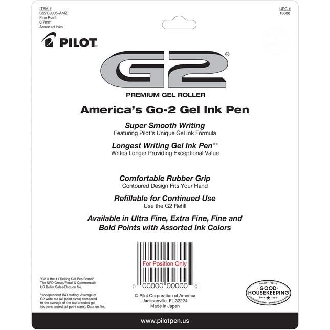 Stylos-bille gel Pilot G2 Premium, stylos roller gel, pointe fine 0,7 mm, couleurs assorties, 8 unités