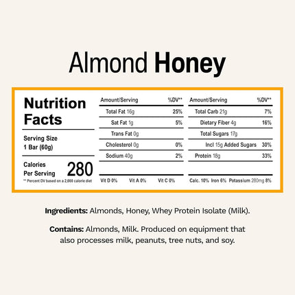 Rise Bar Non-GMO, Gluten Free, Soy Free, Real Whole Food, Whey Protein Bar (20g), No Added Sugar, Almond Honey High Protein Bar with Fiber, Potassium, Natural Vitamins & Nutrients 2.1oz, (12 Count)