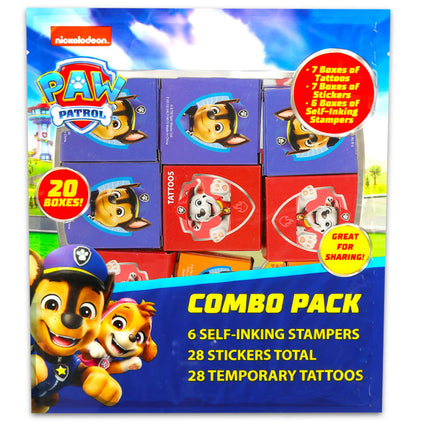 Set a granel de recuerdos de fiesta de la Patrulla Canina ~ Paquete con 60 cajas de recuerdos de fiesta con pegatinas, tatuajes y sellos para cumpleaños de niños | Cajas de premios para el aula de la Patrulla Canina