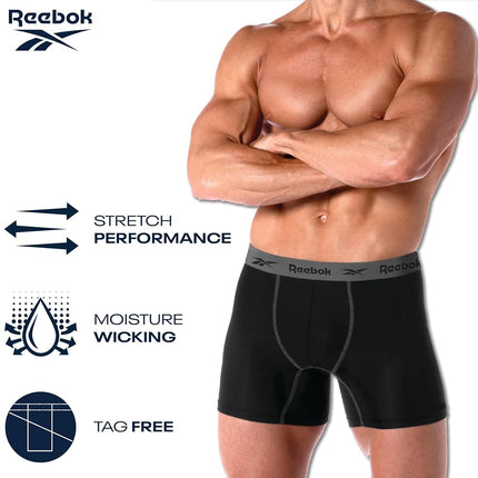 Reebok Men's Boxer Briefs - 4 Pack 6'' Inseam Stretch Performance Underwear Quick Dry Moisture Wicking Boxers, Black/Blackened Pearl, X-Large