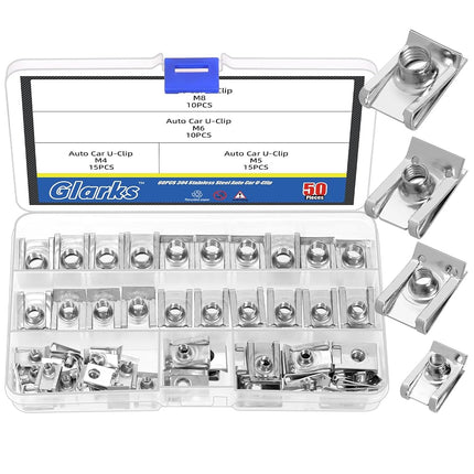 Glarks 50pcs M4 M5 M6 M8 U-Style Clip-On Nuts Set,