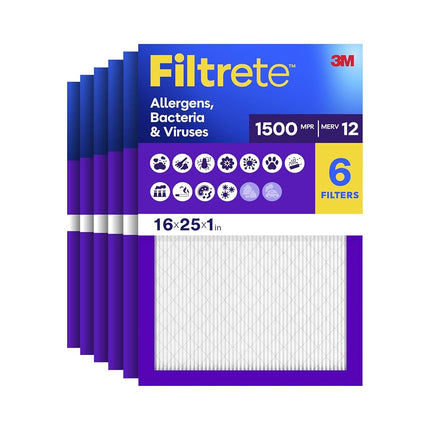 Filtrete 16x25x1 Air Filter MPR 1500 MERV 12, Healthy Living Ultra Allergen, 6-Pack (Exact Dimensions 15.69x24.69x0.78)