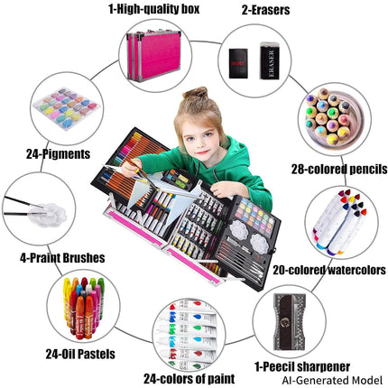 KINSPORY Art Supplies, 139 Pack Painting Drawing Coloring Art Kit, 2 Sketch Pads, Double Layers Art Set Crafts, Aluminum Box for Artists Kids (Pink)