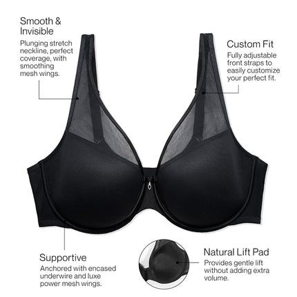 Curvy Couture Women's Sexy Sheer Mesh Plus Size Plunge T Shirt Bra, Black Hue, 34F