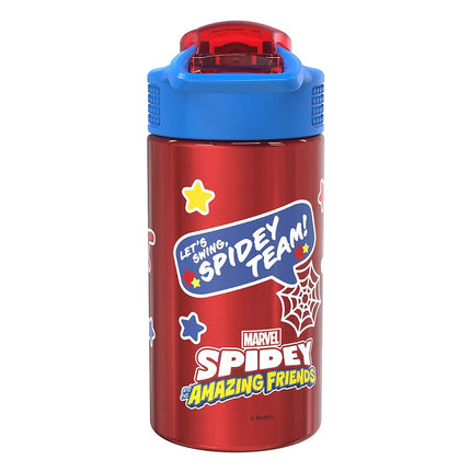 Zak Designs Marvel Spider-Man 18/8 Single Wall Stainless Steel Kids Water Bottle, Flip Straw Locking Spout Cover, Durable Cup for Sports or Travel (15.5oz, Non-BPA, Spidey and His Amazing Friends)