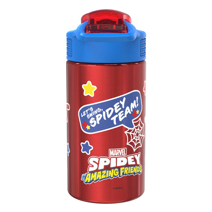 Zak Designs Marvel Spider-Man Botella de agua de acero inoxidable 18/8 de una sola pared para niños, tapa con boquilla abatible con cierre, vaso duradero para deportes o viajes (458 ml, sin BPA, Spidey y sus sorprendentes amigos)