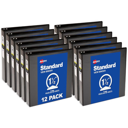 Avery 1.5 inch Economy View 3 Ring Binder, Round Ring, Holds 8.5" x 11" Paper, 12 Black Binders (05725)