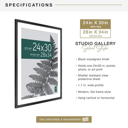 MCS Studio Gallery Marco de póster de 28x34, muestra fotos de 24x30 con paspartú o 28x34 sin paspartú, marco de fotos grande para colgar en la pared vertical y horizontal para fotos y pósteres, negro (paquete de 1)