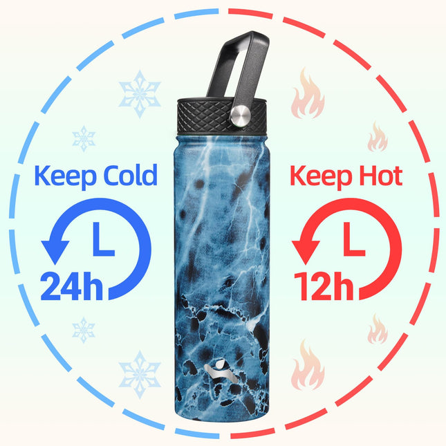 Konokyo Insulated Water Bottle with Straw,22oz 3 Lids Metal Bottles Stainless Steel Water Flask,Marble Ocean