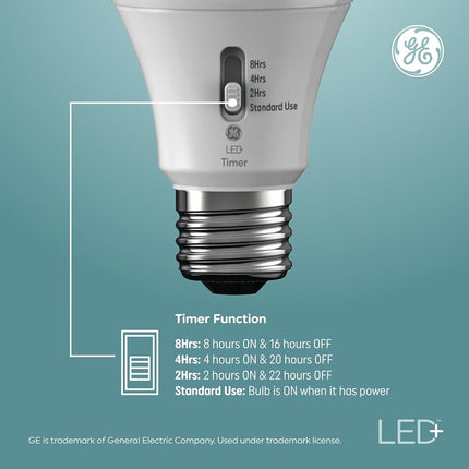 GE LED+ Timer A19 LED Light Bulbs, Built-in Automatic Indoor Timer Light, 8W, Soft White (4 Pack)