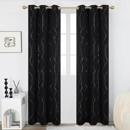 Deconovo Cortinas Opacas Negras Línea de Onda con Puntos Dorados Estampados Ojales Cortinas Bloqueadoras de Sol para Ventanas 42 x 84 Pulgadas Negras 2 Paneles