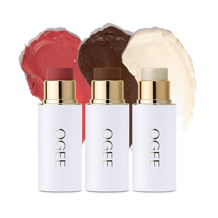 Trio Collection Ogee Face Crystal - Collection de Maquillage Contour - Palette Certifiée Bio - Inclut des Sticks de Bronzeur, Fard à Joues et Illuminateur