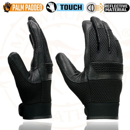 Milwaukee Leather MG7503 Guantes de cuero negro para hombre, compatibles con pantalla táctil, de malla para motocicleta de carreras con reflectores - Grande