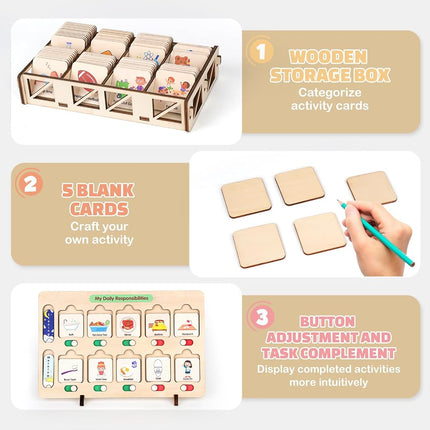 Dreamon Wooden Visual Schedule for Kids Chore Chart, Morning Bedtime Routine Charts for Kids Toddlers, autism learning materials&Daily Schedule Board for home, MX088-A