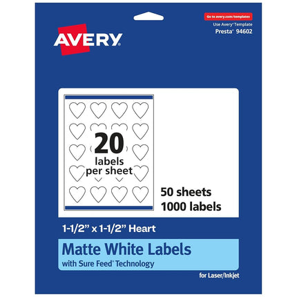 Avery Matte White Heart Labels, Sure Feed Technology, 1.5" x 1.5", 1,000 Matte White Printable Labels
