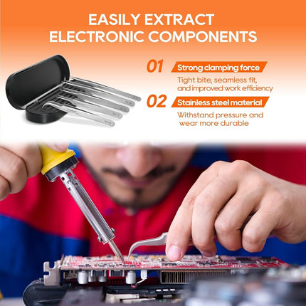 TOWOT Precision Tweezers, 5 PCS Stainless Steel, Non-Magnetic, Heat Resistant, Curved, Jewelry, Electronics, Craft, Soldering, Experimental Work