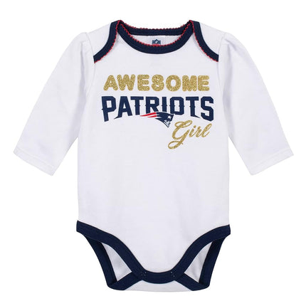 Gerber NFL New England Patriots 3 Pack Bodysuit Footed Pant and Cap Registry Gift Set, Blue/White New England Patriots, 0-3M