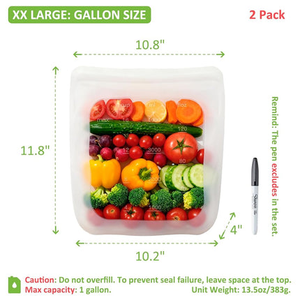 100% Silicone Gallon Freezer Bags, Extra Large Reusable 1 Gallon Silicone Storage Bags Stand-Up Zip-Lock Leakproof for Bulk Food & Large Portions, Freezer Microwave Sous Vide Dishwasher Safe, 2 Pack