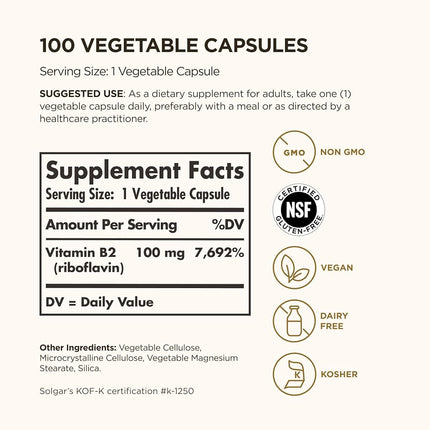 Solgar - Vitamin B2 (Riboflavin) 100 mg. - 100 Vegetarian Capsules