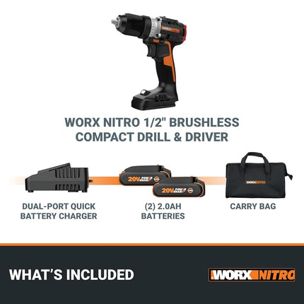 Worx WX130L 20V Nitro Compact Brushless 1/2” Drill/Driver with Power Share - (Batteries & Charger Included)