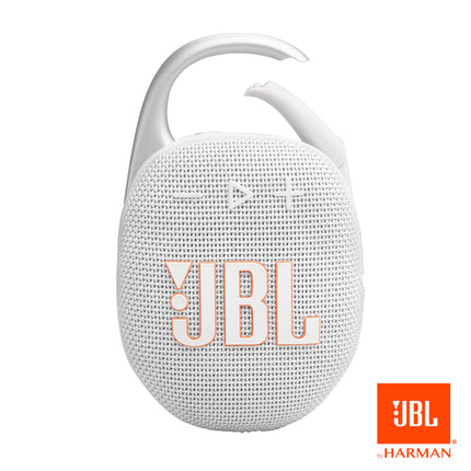 JBL Clip 5 - Altavoz Bluetooth ultraportátil, resistente al agua y al polvo, gran sonido profesional con graves potentes, mosquetón integrado, hasta 12 horas de reproducción, fabricado en parte con materiales reciclados (Blanco)