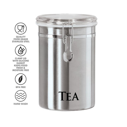 Oggi Stainless Steel Tea Canister 62 fl oz - Airtight Clamp Lid, Clear See-Thru Top - Ideal for Tea Bag Storage, Loose Tea Storage, Kitchen Storage, Pantry Storage. Large Size 5" x 7.5".