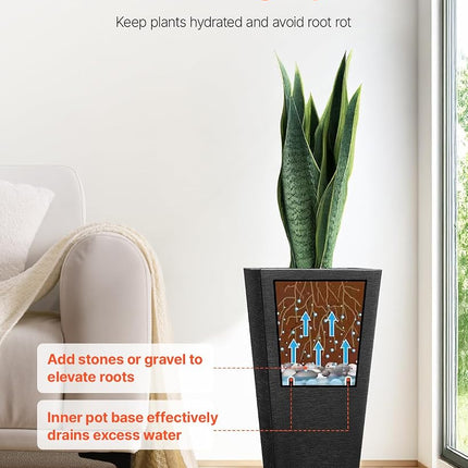 VEVOR Tall Planter, Set of 2 Tall Square Tapered Planters, 57 cm Large Modern Gardening and Flower Plastic Pots, Decorative Tall Black Planter with Drainage Hole, for Porch, Patio, Indoor & Outdoor