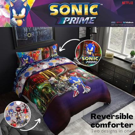Juego de edredón y sábanas Franco, microfibra, Sonic Prime, 5 piezas, tamaño matrimonial