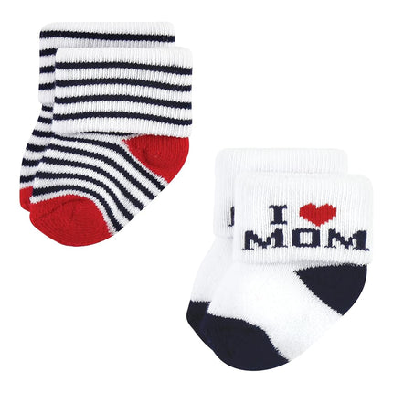 Hudson Baby Chaussettes riches en coton pour nouveau-nés et chaussettes en tissu éponge pour bébés filles, maman papa garçon marine rouge, 0-6 mois