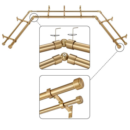 Barras de cortina de esquina doble Mayrhyme Warm Gold con remates de tapa de aluminio y soportes, barras de cortina de ventana salediza doble de 1 pulgada de diámetro, barra doble central ajustable de 2 lados de 20-36" y 36-72"