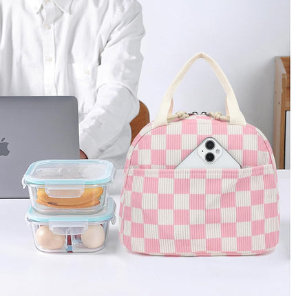 Corduroy Lunch Box for Women Girls, Cooler Lunch Bags Reusable Insulated Lunchbox for Picnic School Work Travel (Checkered Pink)