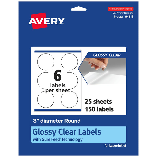 Avery Glossy Clear Round Labels with Sure Feed, 3"