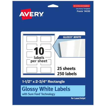 Avery Rectangle Labels with Sure Feed, 1.5" x 2.75", 250 Glossy White Labels (36457)
