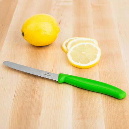 Victorinox Swiss Stainless Steel 6 Piece Round 4.5 Inch Serrated Steak Knife Set with Green, Orange, Pink, Yellow, Red, and Blue Fibrox Handles