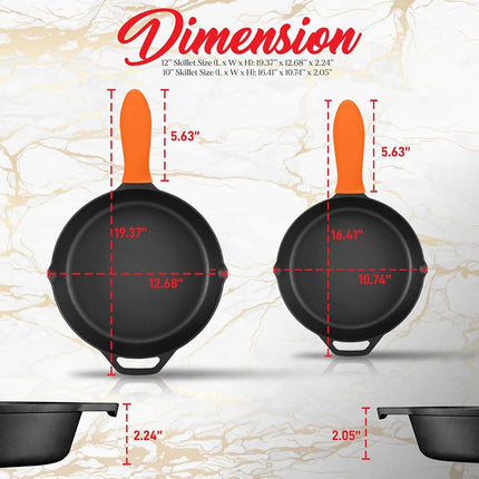 NutriChef Cast Iron Skillet Set 25/30cm, Silicone Handles