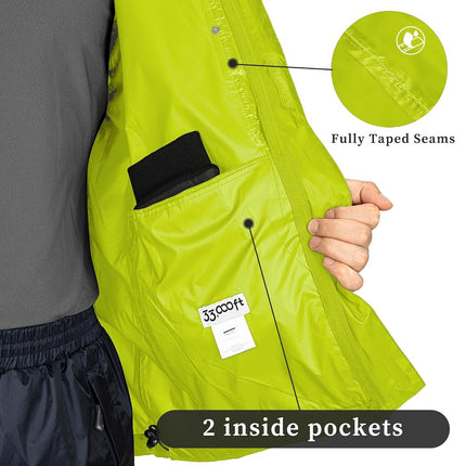 33,000ft Packable Rain Jacket Men's Lightweight Waterproof Rain Shell Jacket Raincoat with Hood for Golf Cycling Windbreaker, Yellow-green, X-Large