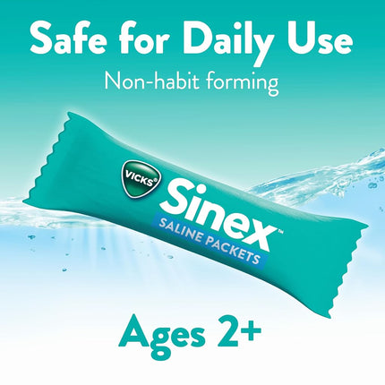 Kit de démarrage Vicks Sinex Saline pour irrigation nasale, solution saline sans médicament, élimine le mucus et les allergènes, soulagement rapide et efficace de la congestion quotidienne due aux sinus et aux allergies, 1 flacon + 30 sachets de recharge.